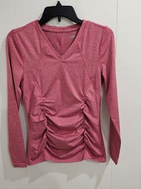 ACX Sport Ruched V-Neck Long Sleeve Top Womens Small Pink Heather Stretch Athlet